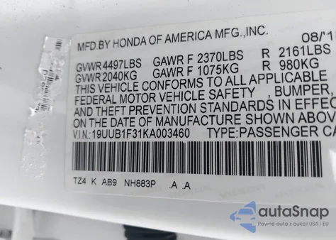 2019 Acura Tlx Standard z USA, uszkodzony, nr VIN 19UUB1F31KA003460
